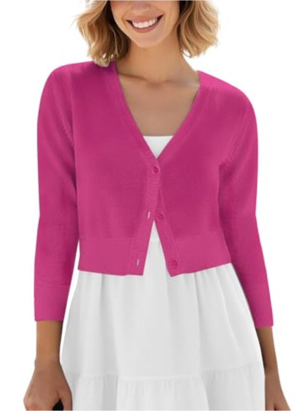 Cropped V-Neck Button Cardigan Knit Sweater 3/4 Sleeve